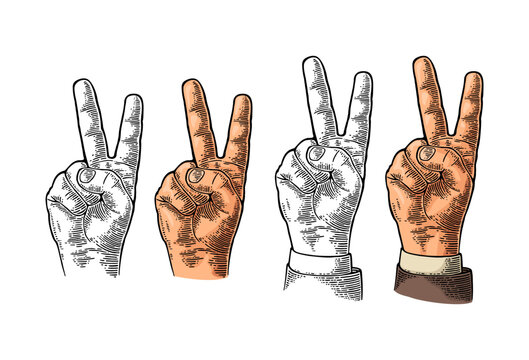 Female hand sign victory sign , or peace sign or scissors. Vector black vintage engraved illustration isolated on a white background. For web, poster, info graphic