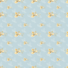 Seamless blue background with golden and white leaves. Computer-aided watercolor drawings.