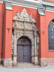 Fototapeta na wymiar Saint James's Church, Stockholm, Sweden. Old wooden Church Door