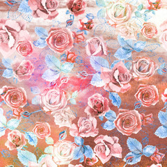 Seamless pattern with watercolor red roses on an abstract background with aging texture and scuffs.