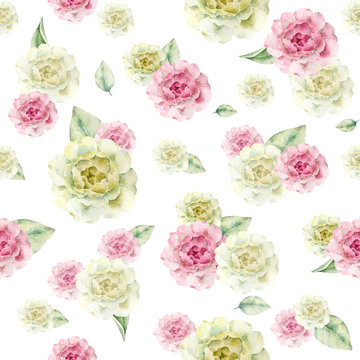 Watercolor hand painted seamless pattern of pink and white roses and green leaves.
