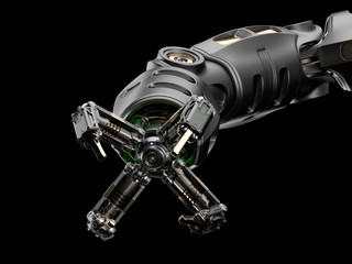 Robotic arm. Metallic mechanical hand. Industrial robot manipulator. Futuristic industrial technology. Isolated on black background. 3D Render	