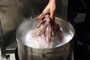 mano sujetando un pulpo que está metiendo en una olla de agua hirviendo