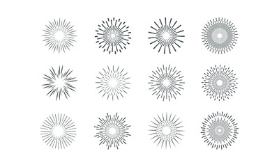 Vintage sunburst. Bursting rays sunrise firework starburst blast burst sunset star light ray radiant spark hand drawn, trendy vector badge set