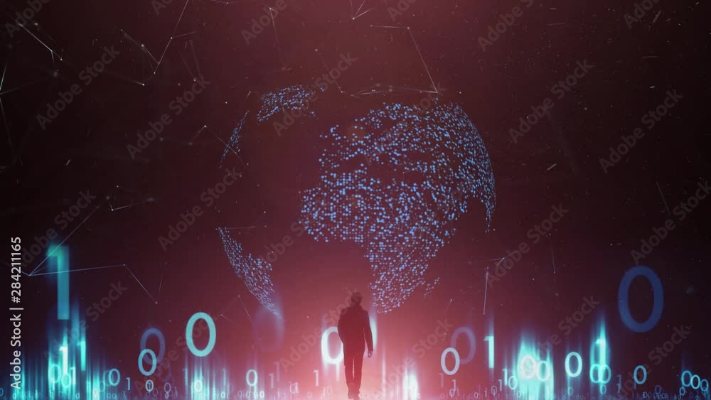 Wall mural digital artistic computer cyberspace network with people.