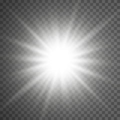 White glowing light burst explosion transparent. Vector illustration for cool effect decoration with ray sparkles. Bright star. Transparent shine gradient glitter, bright flare. Glare texture.