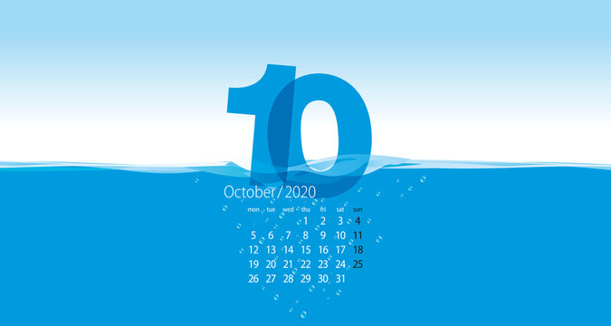 2020 New Desk Calendar October planner template wave water blue background