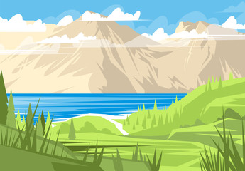 Vector illustration of mountain lake landscape on mountain range background