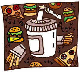 Hand drawn color image of fast food.