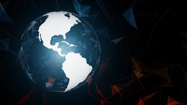 Earth globe and artistic triangle pattern background.
