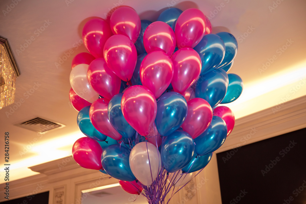 Wall mural balloons with happy celebration on blue sky . bunch of pink and blue balloons. concept of happiness,