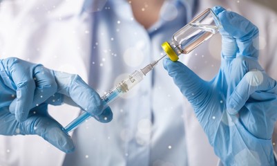 Injection vaccine baby flu antibiotic background blue - obrazy, fototapety, plakaty