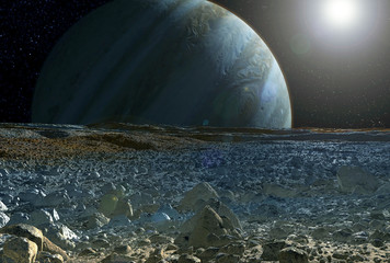 View of Jupiter, from the satellite Europe, with the Sun in the corner.Elements of this image were furnished by NASA © Artsiom P
