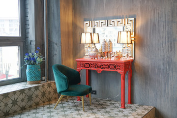 Red fashion make up comfy table for woman with mirror