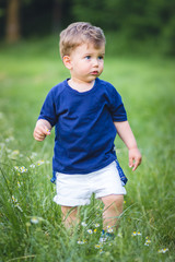 Cute little blond boy in blue t-shirt walking in the park through the grass