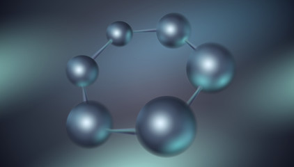 Blue color 3d molecule vector design. Science abstract background with molecular structure. Atoms model illustration, scientific banner for medicine, biology, chemistry or physics template