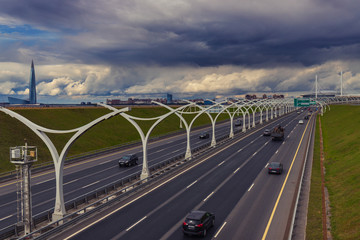 highway traffic from the south to the center of Saint-Petersburg, Russia