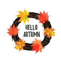 Autumn leaves wreath with hello autumn text