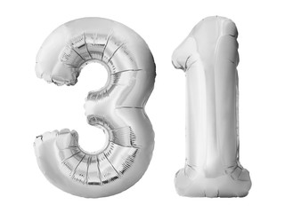 Number 31 thirty one made of silver inflatable balloons isolated on white background. Chrome silver...
