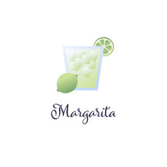Vector modern flat cocktails illustration. Green margarita cocktail in glass with lime slice symbol isolated on white background. Design element for alcoholic beverage menu, ad, restaurant, cafe.