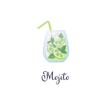 Vector modern flat cocktails illustration. Green moito cocktail in glass with straw symbol isolated on white background. Design element for logo. alcoholic beverage menu, ad, restaurant, cafe.