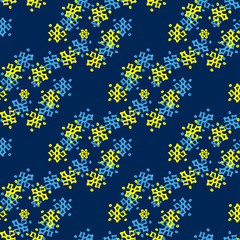 Fototapeta premium Dark blue seamless pattern with yellow, blue snowflakes. Hand drawn festive background for Christmas, New Year holidays design, fashion, wraps gifts, textile, fabric, decor. Bright magic snow backdrop