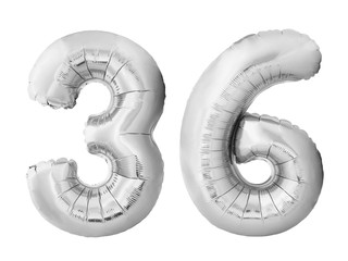 Number 36 thirty six made of silver inflatable balloons isolated on white background. Chrome silver helium balloons forming 36 thirty six. Birthday concept