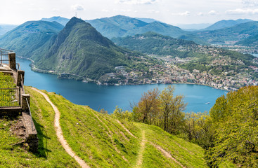 Scenic view of lake Lugano with Monte San Salvatore and Lugano town from Monte Bre, Switzerland