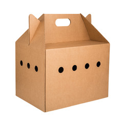 Pet carrier corrugated cardboard box isolated on white background. Single-use brown pet carrier box