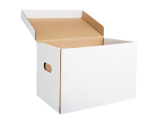 White cardboard archival storage box. Open blank box for transfer storage