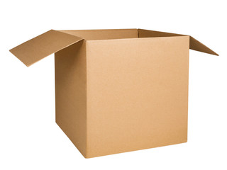 Open corrugated cardboard box isolated on white background. Brown carton box isolated on white...