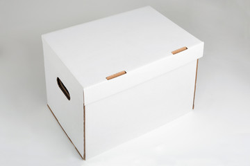 Blank white archive cardboard box. High angle view