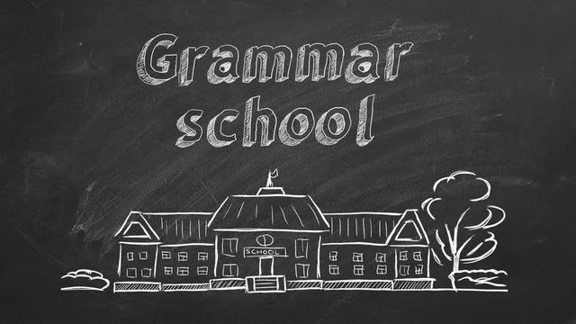 School building  and lettering Grammar school on blackboard. Hand drawn sketch.