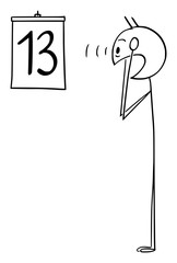 Vector cartoon stick figure drawing conceptual illustration of frightened and screaming man looking at number 13 as date on calendar. Concept of Friday 13th.