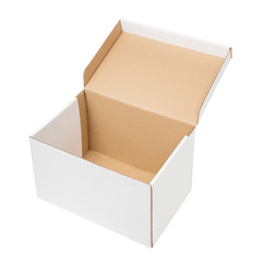White cardboard box with open lid. White open corrugated carton box isolated on a white background. High angle view