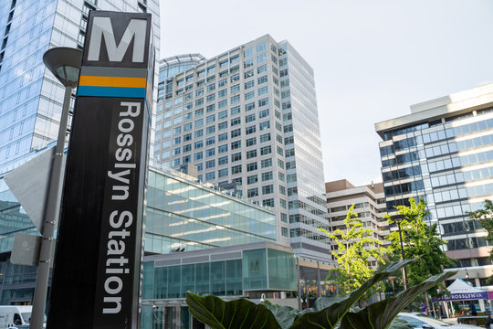 Arlington, Virginia - August 7, 2019: Sign for the Rosslyn Metro Station of the Washington DC Metro, with access to the Orange, Blue and Silver lines