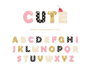 Cute girly font. Pastel pink, polka dot and glitter texture. Decorative alphabet for birthday, baby shower, notebook cover. Vector.