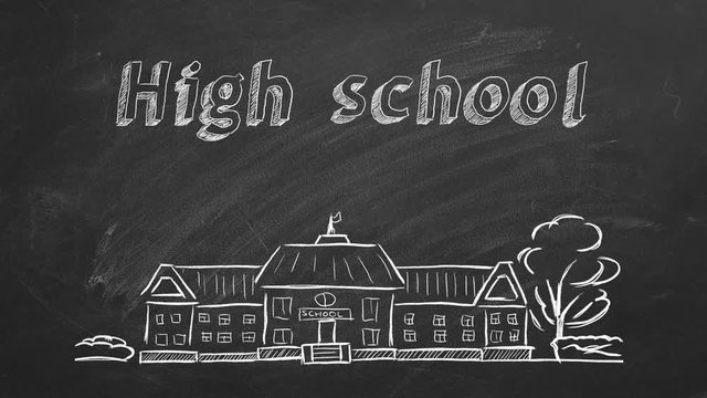 School building  and lettering High school on blackboard. Hand drawn sketch.