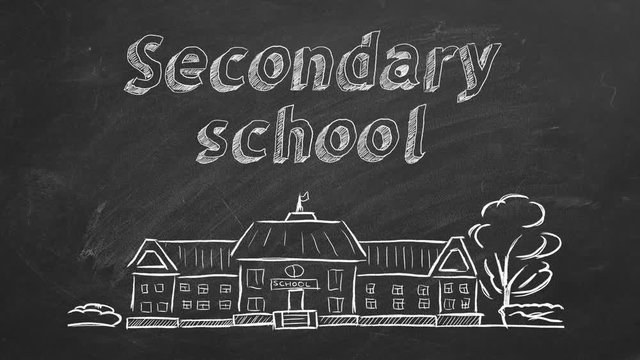 School building  and lettering Secondary school on blackboard. Hand drawn sketch.