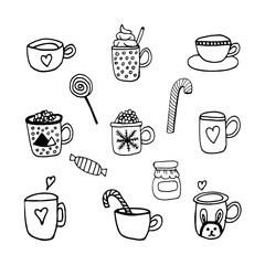 Tasty hand dawn vector set with coffee, cacao, warm beverage and candy. Doodle icon set for winter design and decoration. Isolated on white background