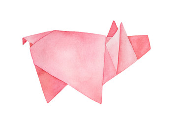 Watercolour illustration of Origami Pig shape. Sign of prosperity, wealth, good luck, savings box. Hand painted water color sketchy drawing, cutout clip art element for creative design decoration.