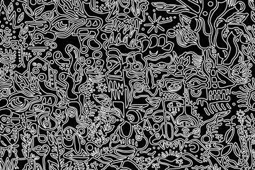 Black and white cartoon pattern on black background, abstract design	