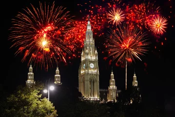 Rolgordijnen Vienna City Hall with fireworks in the background © EKH-Pictures