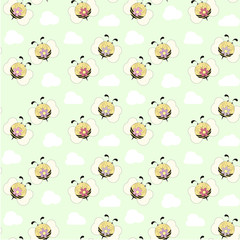 Bee seamless pattern cartoons funny yellow and black insect with pink and violet flowers white cloud on blue for cloth diapers, for baby cloth, for fabric print, for wallpaper