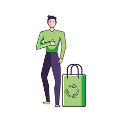 young man with bag eco friendly isolated icon