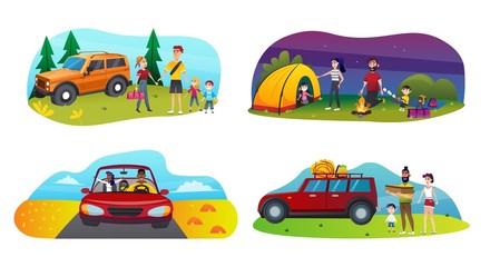 Fototapeta na wymiar Banner Set Family Trip with Children Cartoon Flat.