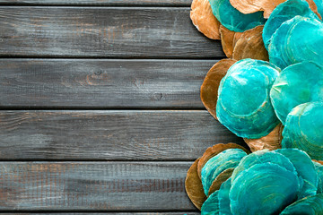 Shells pattern for design of blog on wooden background top view space for text