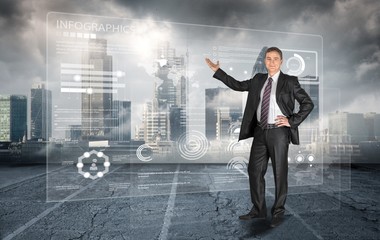 Man looking at user interface over cityscape background