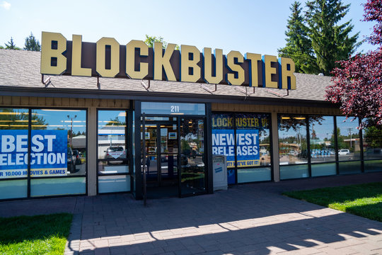 Bend, Oregon - July 8 2019: Exterior of the last remaining Blockbuster Video  rental store in the United States of America