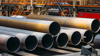 Black steel pipes for water or gas pipeline construction in warehouse